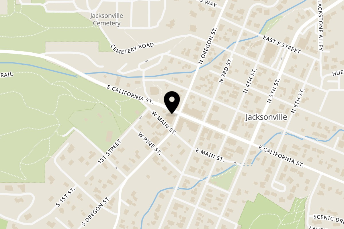 Map showing the location of Brickline Pizza Co. on 150 S Oregon St in Jacksonville